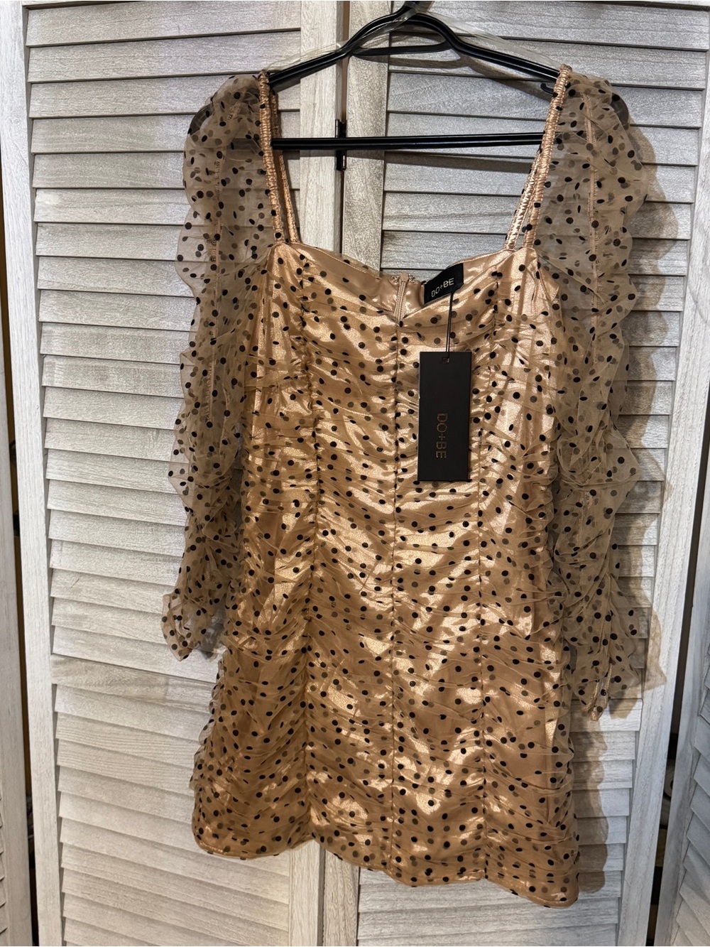 NWT Vici DO+BE Perfect Duet Ruched Nude Polka Dot Mesh Mini Dress Large
